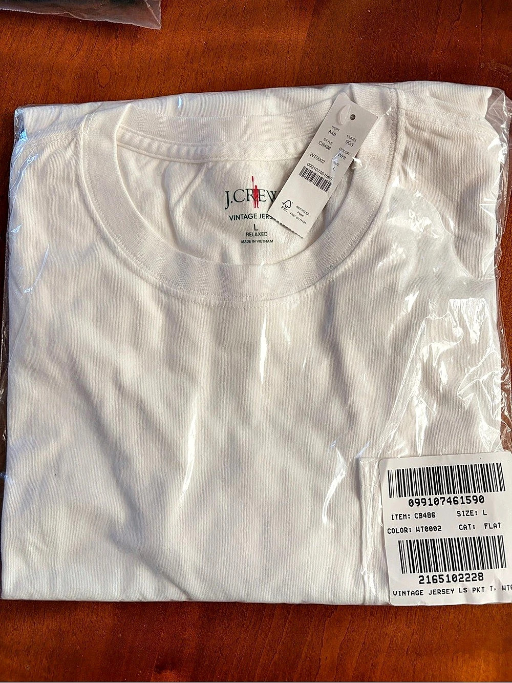 J.Crew Vintage Jersey Long Sleeve Pocket Tee White Size Large Relaxed NWT